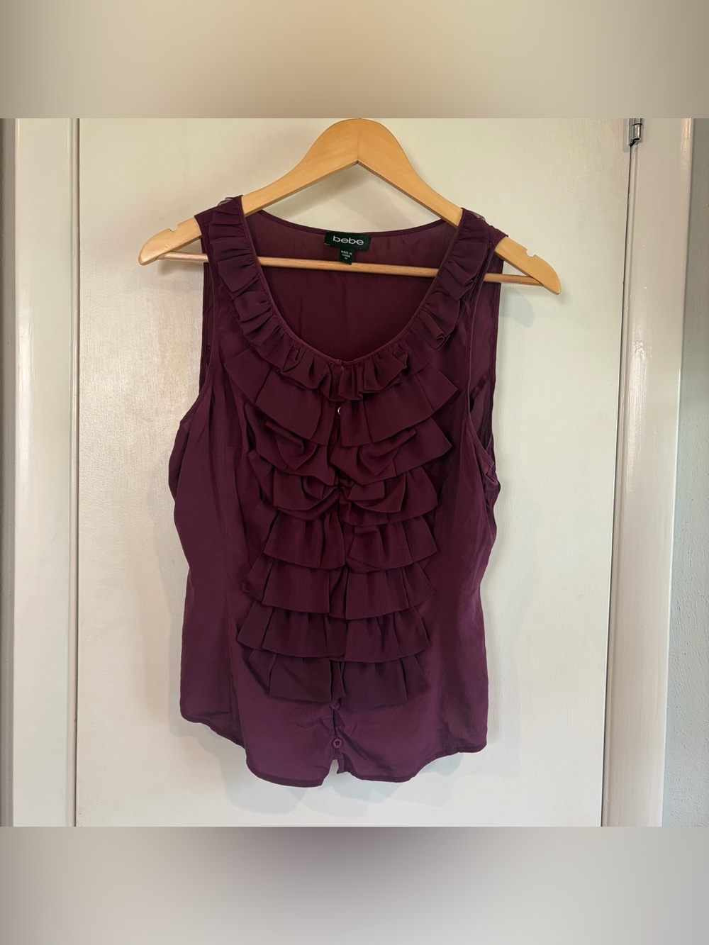 Bebe Silk Office Siren Ruffle Tank Blouse. Size: Medium. Plum.